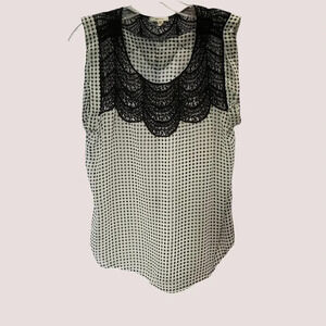 Pleione  White blk Polka Dot Crochet Knit Accent Blouse